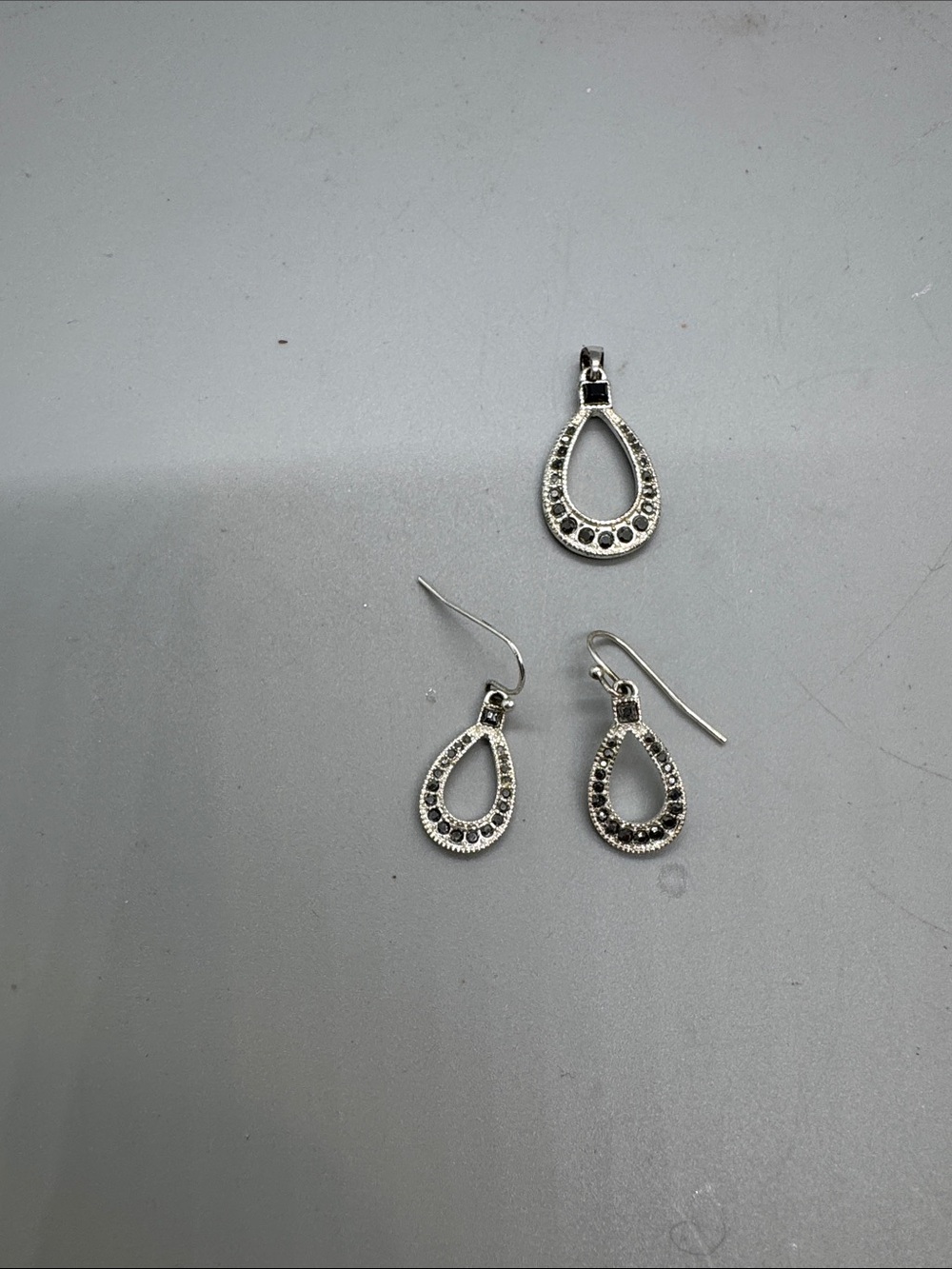 Silver Teardrop Dangle Earrings with Black Crystal Accents